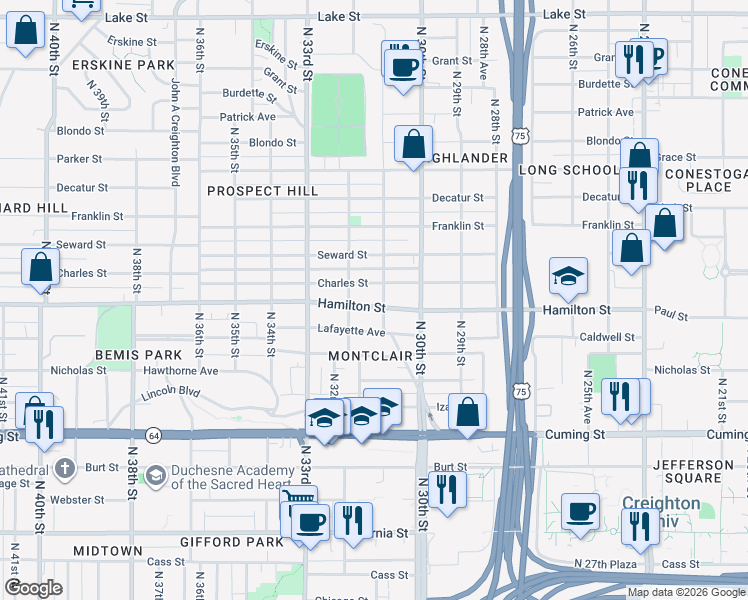 map of restaurants, bars, coffee shops, grocery stores, and more near 1417 North 31st Street in Omaha