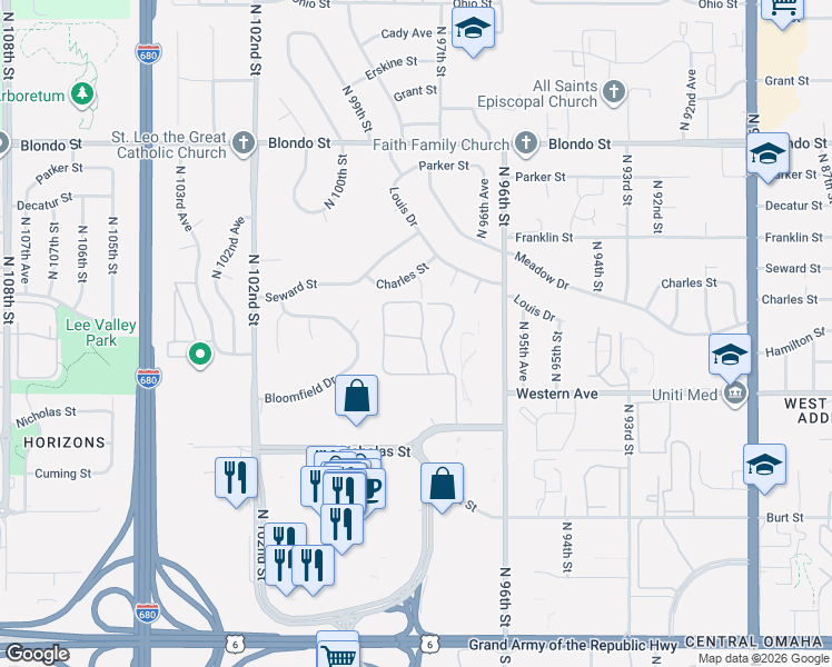 map of restaurants, bars, coffee shops, grocery stores, and more near 9774 Lafayette Plaza in Omaha