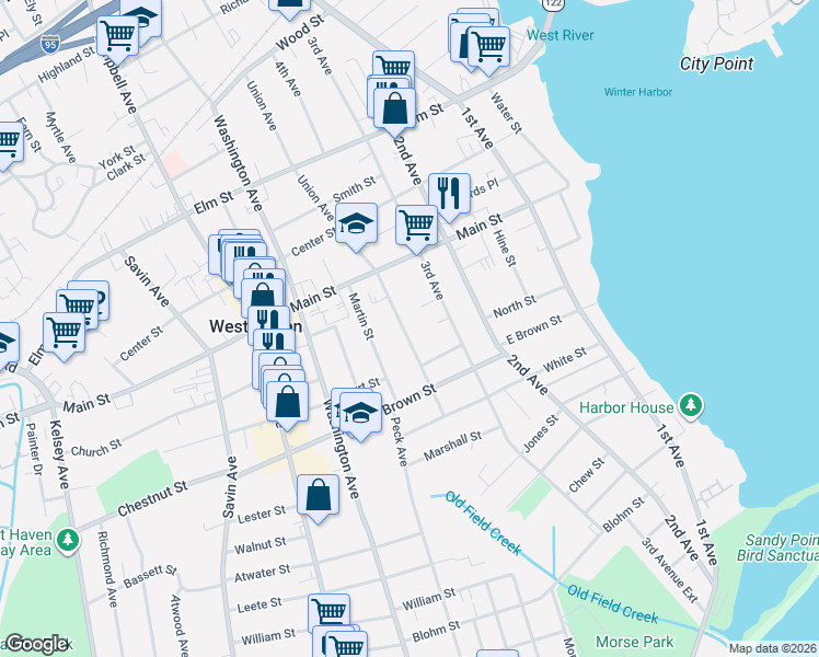 map of restaurants, bars, coffee shops, grocery stores, and more near 127 Union Avenue in West Haven
