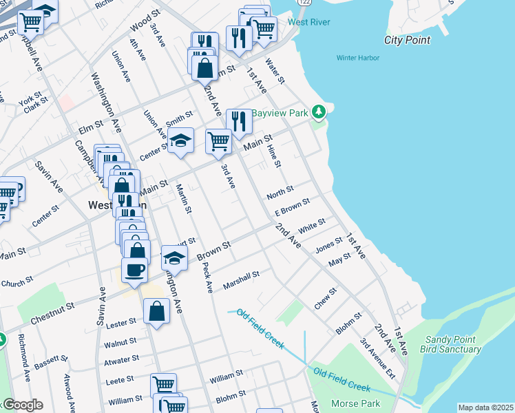map of restaurants, bars, coffee shops, grocery stores, and more near 403 2nd Avenue in West Haven