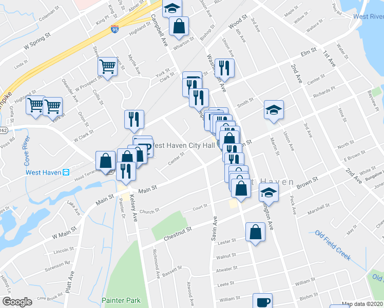 map of restaurants, bars, coffee shops, grocery stores, and more near 738 Savin Avenue in West Haven