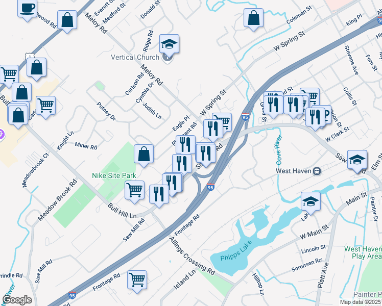 map of restaurants, bars, coffee shops, grocery stores, and more near 435 Saw Mill Road in West Haven