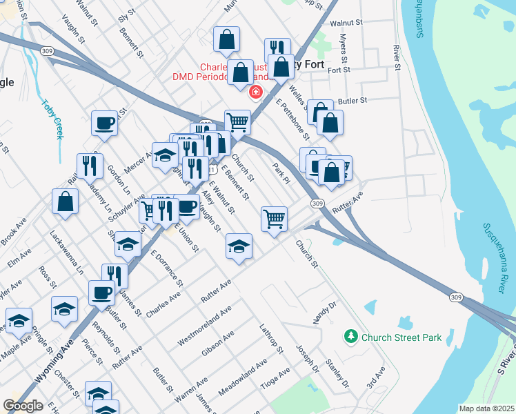 map of restaurants, bars, coffee shops, grocery stores, and more near 105 Church Street in Kingston
