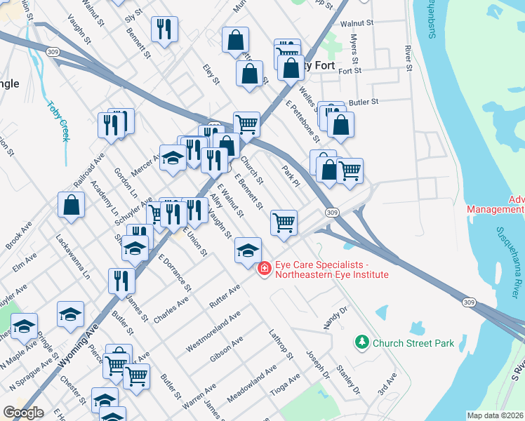 map of restaurants, bars, coffee shops, grocery stores, and more near 105 Church Street in Kingston