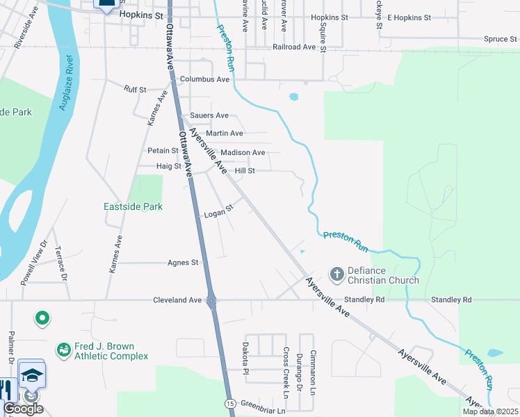 map of restaurants, bars, coffee shops, grocery stores, and more near 1221 Ayersville Avenue in Defiance