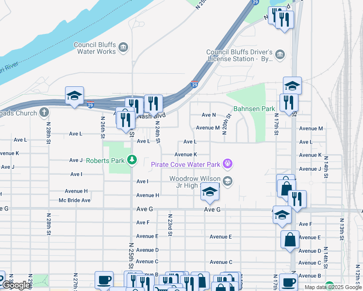 map of restaurants, bars, coffee shops, grocery stores, and more near 2217 Avenue L in Council Bluffs