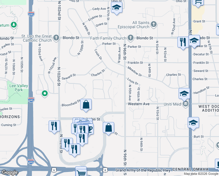 map of restaurants, bars, coffee shops, grocery stores, and more near 1230 North 97th Plaza in Omaha