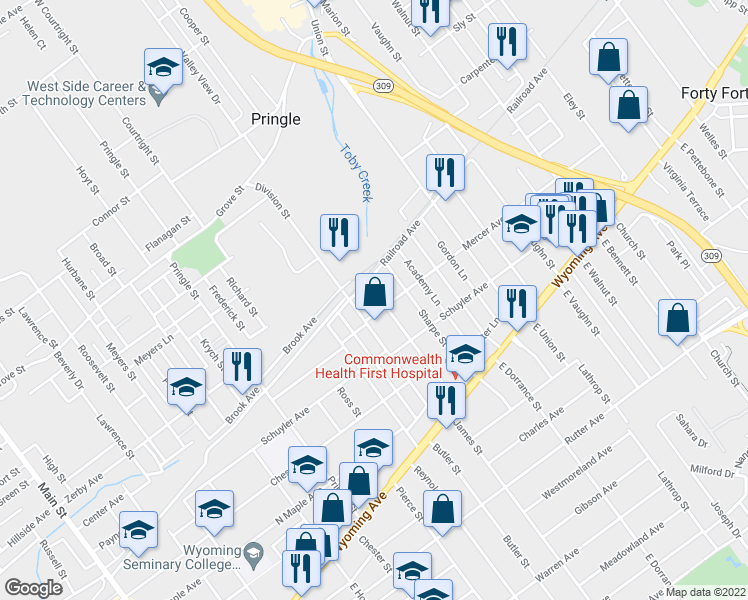 map of restaurants, bars, coffee shops, grocery stores, and more near 150 Poplar Street in Kingston