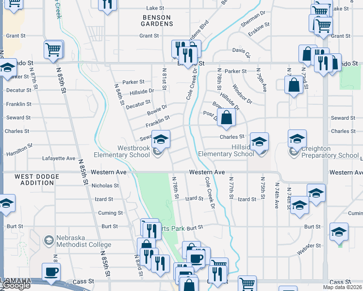 map of restaurants, bars, coffee shops, grocery stores, and more near 1405 Cole Creek Drive in Omaha