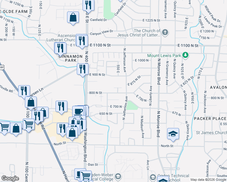 map of restaurants, bars, coffee shops, grocery stores, and more near 556 East 800 South Street in Ogden