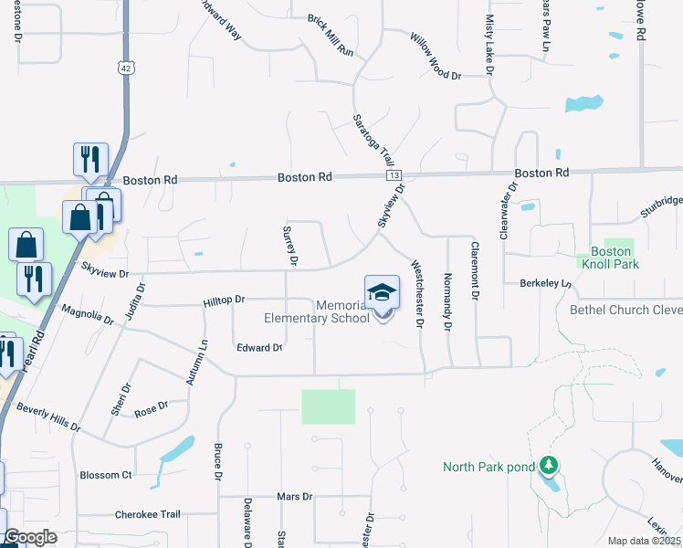 map of restaurants, bars, coffee shops, grocery stores, and more near 3862 Skyview Drive in Brunswick