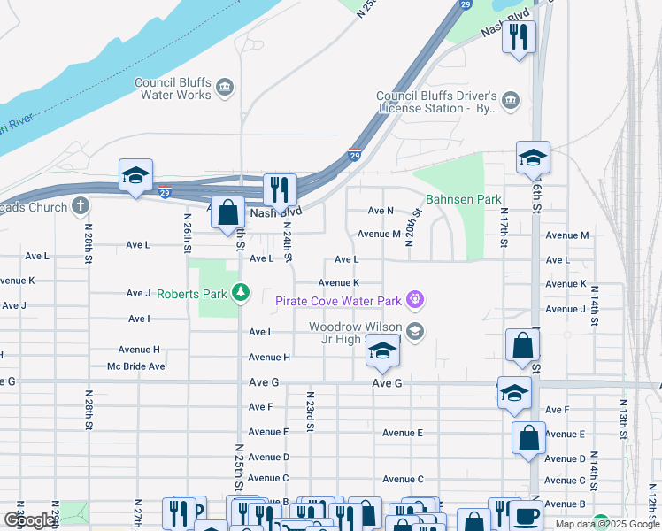 map of restaurants, bars, coffee shops, grocery stores, and more near 2217 Avenue L in Council Bluffs