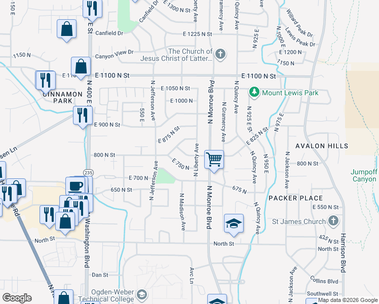 map of restaurants, bars, coffee shops, grocery stores, and more near 730 800 North Street in Ogden