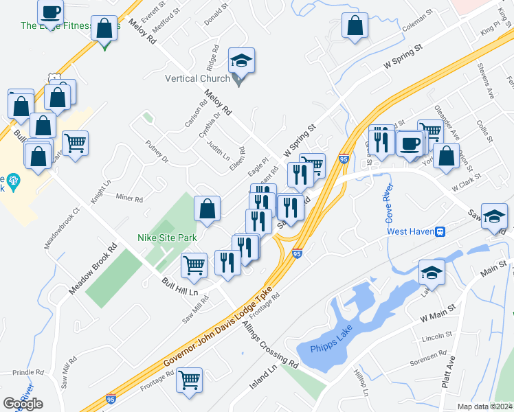 map of restaurants, bars, coffee shops, grocery stores, and more near 75 Claudia Drive in West Haven