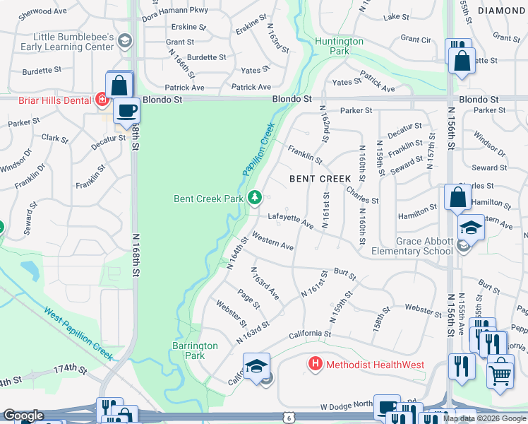 map of restaurants, bars, coffee shops, grocery stores, and more near 16318 Lafayette Avenue in Omaha
