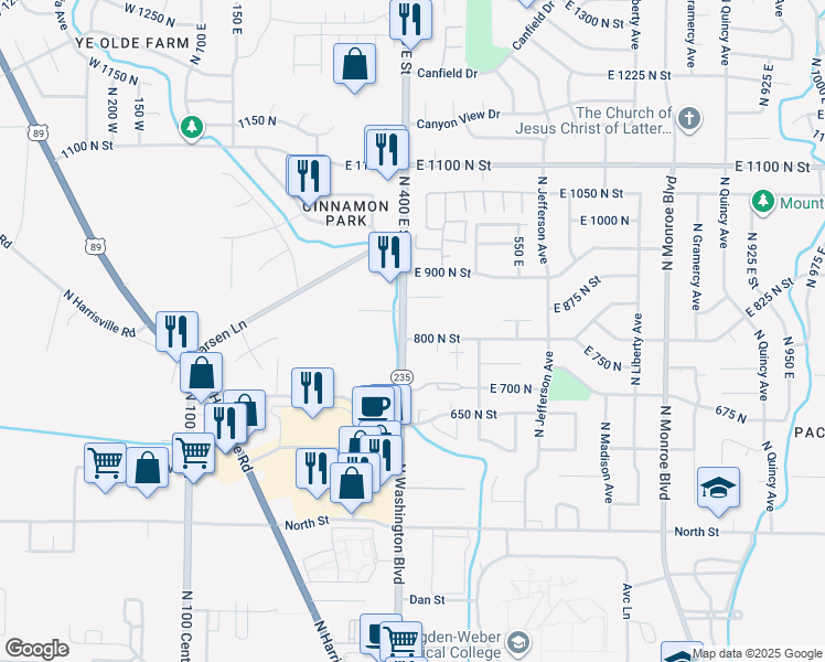 map of restaurants, bars, coffee shops, grocery stores, and more near 406 800 North Street in Ogden