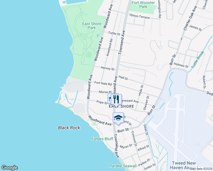 map of restaurants, bars, coffee shops, grocery stores, and more near 127 Fort Hale Road in New Haven