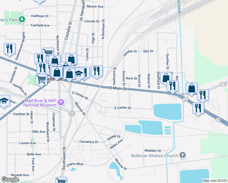 map of restaurants, bars, coffee shops, grocery stores, and more near 534 East Main Street in Bellevue