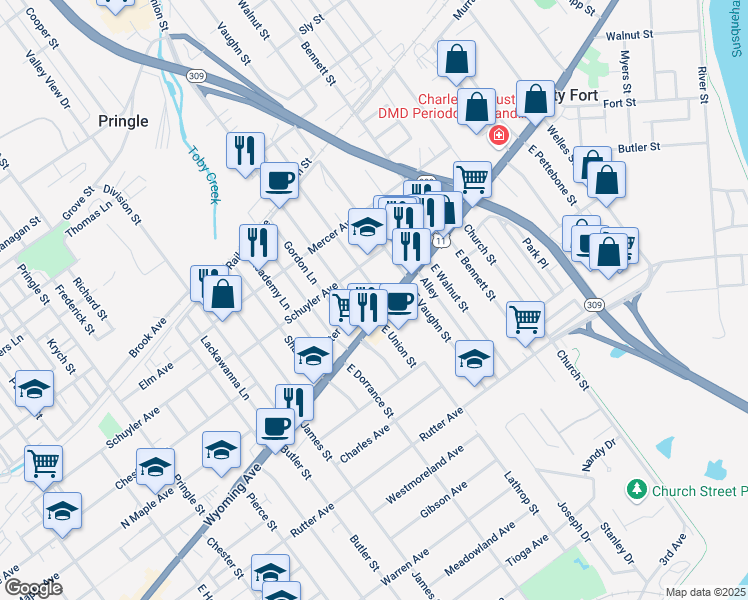 map of restaurants, bars, coffee shops, grocery stores, and more near 684 Wyoming Avenue in Kingston