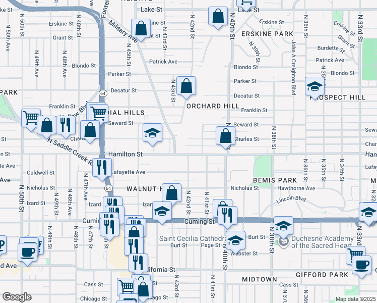 map of restaurants, bars, coffee shops, grocery stores, and more near 4201 Orchard Lane in Omaha