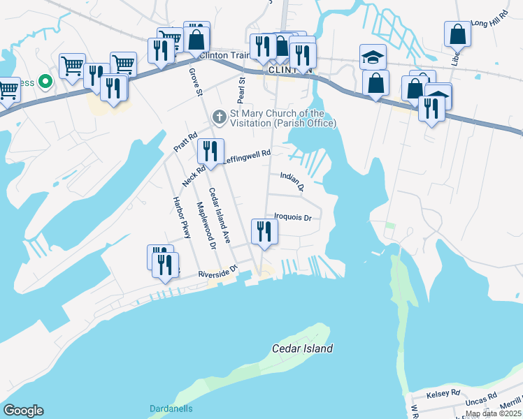 map of restaurants, bars, coffee shops, grocery stores, and more near 97 Commerce Street in Clinton