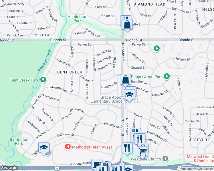 map of restaurants, bars, coffee shops, grocery stores, and more near 15706 Hamilton St in Omaha