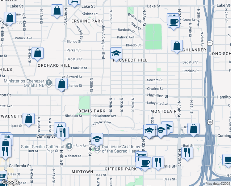 map of restaurants, bars, coffee shops, grocery stores, and more near 3522 Hamilton Street in Omaha