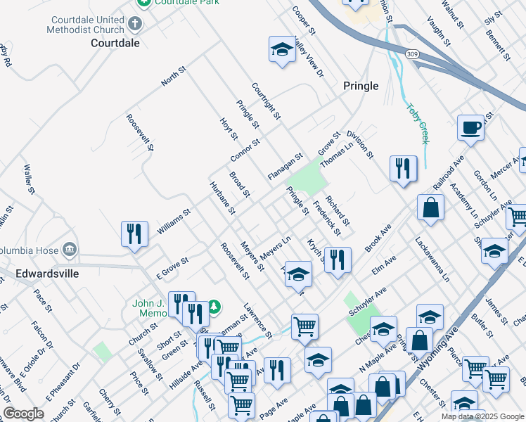 map of restaurants, bars, coffee shops, grocery stores, and more near 134 Penn Street in Pringle