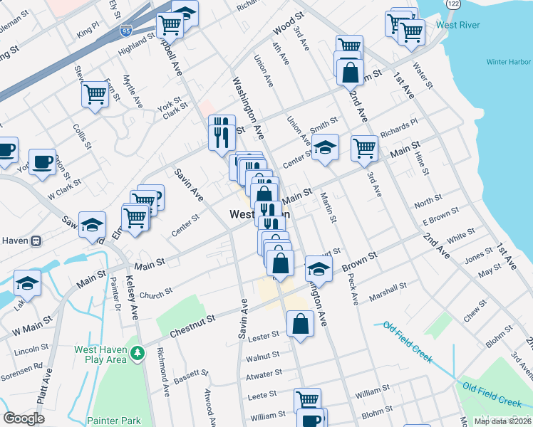 map of restaurants, bars, coffee shops, grocery stores, and more near 340 Main Street in West Haven