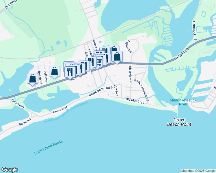 map of restaurants, bars, coffee shops, grocery stores, and more near 109 Grove Beach Road South in Westbrook