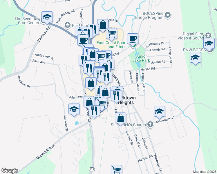 map of restaurants, bars, coffee shops, grocery stores, and more near 1820 Commerce Street in Yorktown Heights