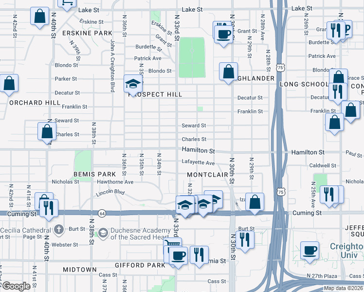 map of restaurants, bars, coffee shops, grocery stores, and more near 3230 Hamilton Street in Omaha