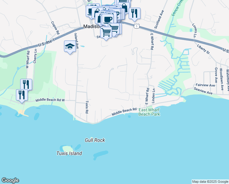map of restaurants, bars, coffee shops, grocery stores, and more near 53 Madison Avenue in Madison