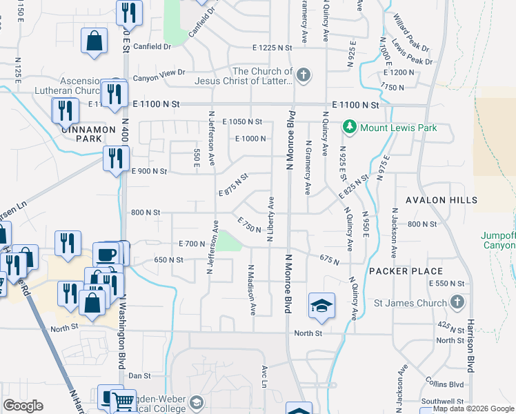 map of restaurants, bars, coffee shops, grocery stores, and more near 686 800 North Street in Ogden