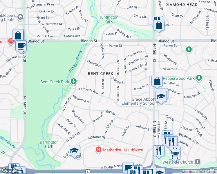 map of restaurants, bars, coffee shops, grocery stores, and more near 1406 North 160th Avenue in Omaha