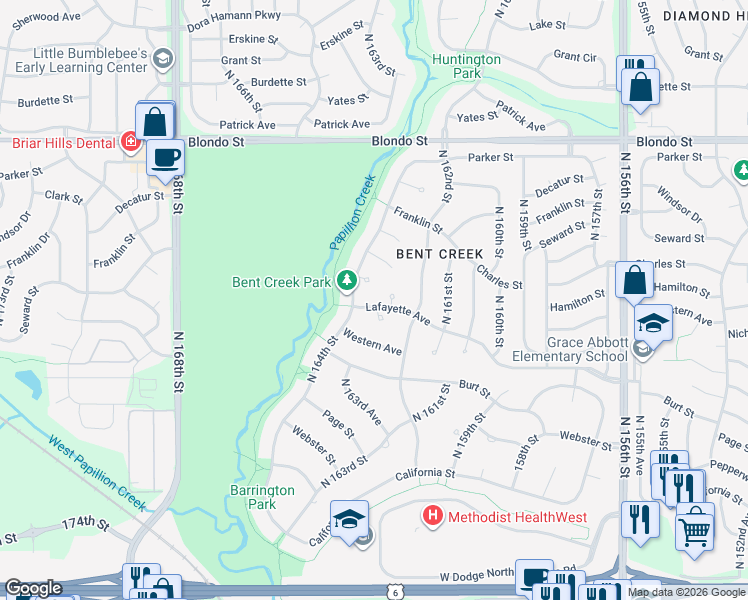 map of restaurants, bars, coffee shops, grocery stores, and more near 16318 Lafayette Avenue in Omaha