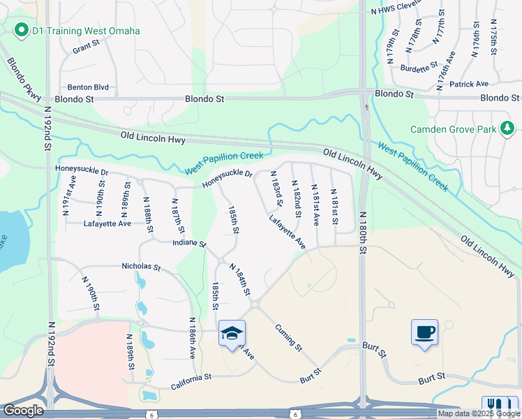 map of restaurants, bars, coffee shops, grocery stores, and more near 1308 North 183rd Avenue in Omaha