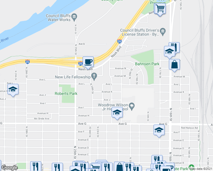 map of restaurants, bars, coffee shops, grocery stores, and more near 2217 Avenue L in Council Bluffs
