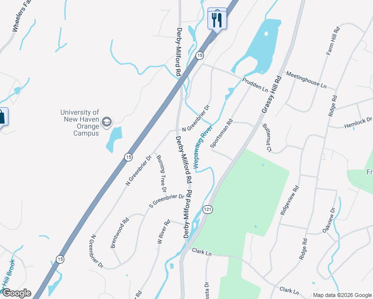 map of restaurants, bars, coffee shops, grocery stores, and more near 489 Derby-Milford Road in Orange