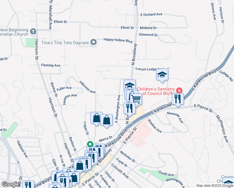 map of restaurants, bars, coffee shops, grocery stores, and more near 1214 East Washington Avenue in Council Bluffs