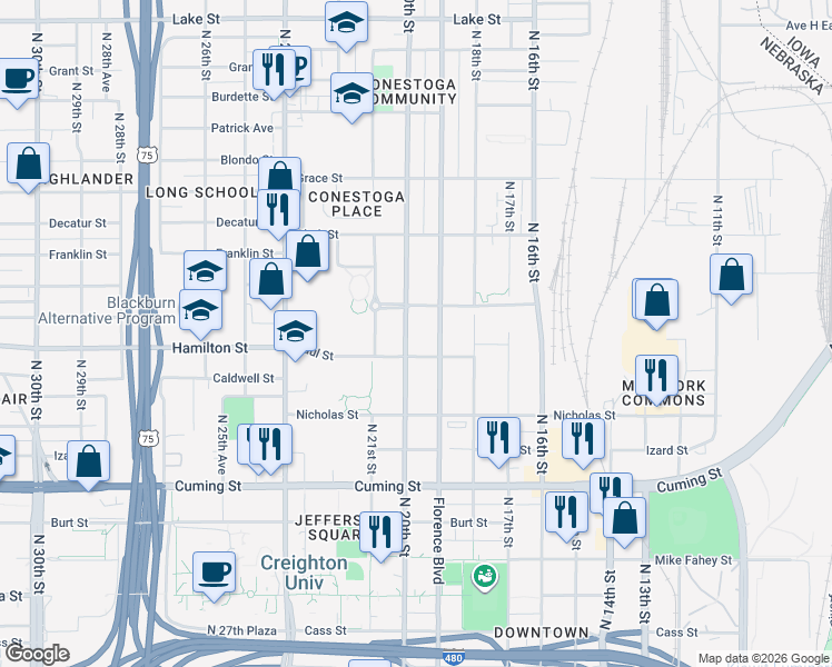 map of restaurants, bars, coffee shops, grocery stores, and more near 1920 Paul Street in Omaha