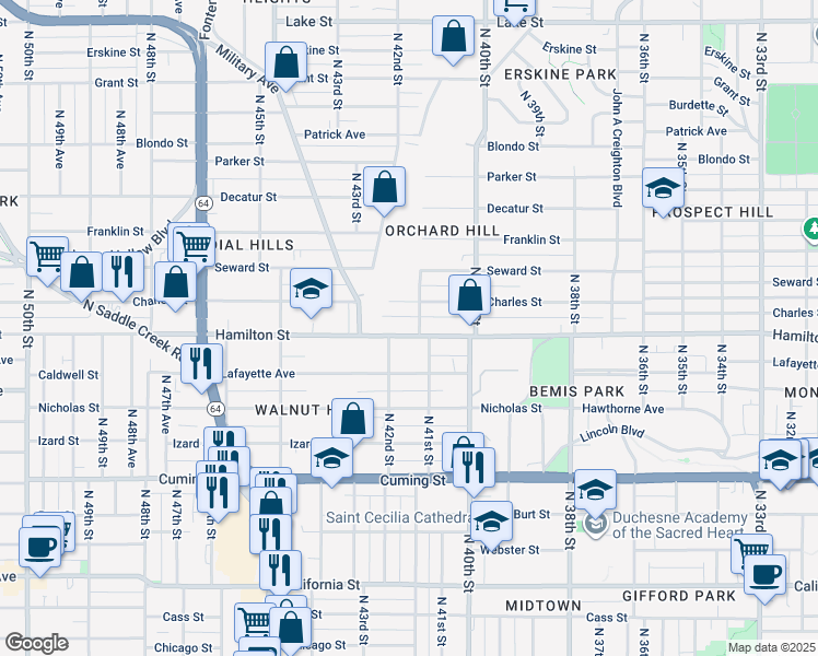 map of restaurants, bars, coffee shops, grocery stores, and more near in Omaha