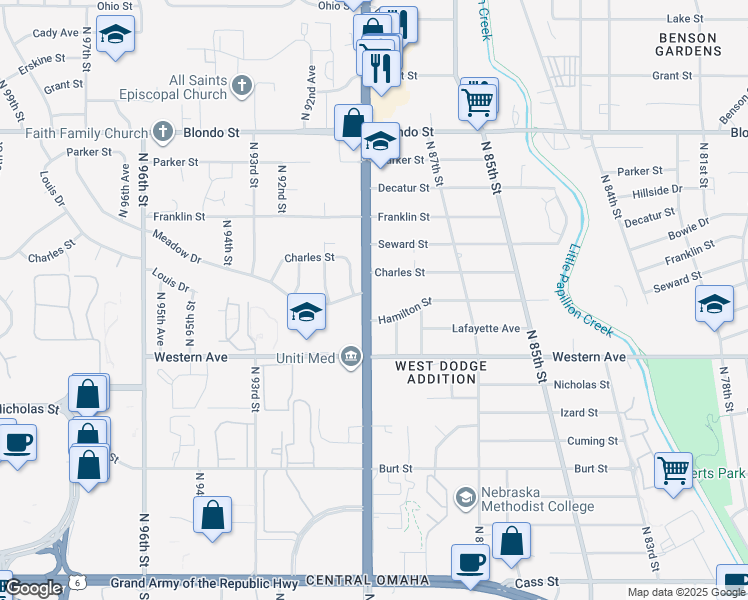map of restaurants, bars, coffee shops, grocery stores, and more near 1401 Nebraska 133 in Omaha