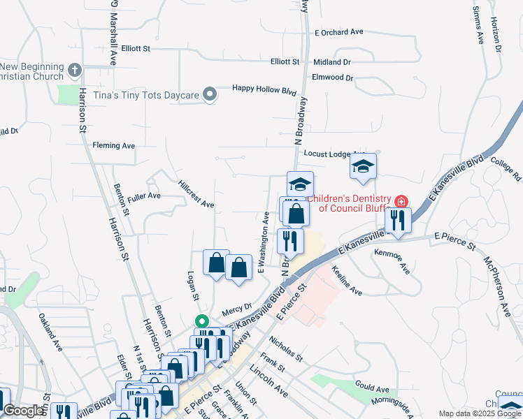 map of restaurants, bars, coffee shops, grocery stores, and more near 1214 East Washington Avenue in Council Bluffs