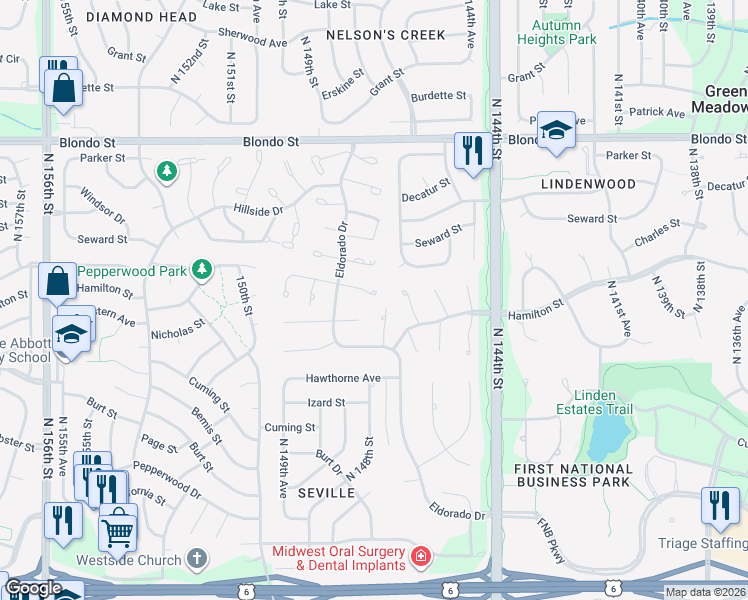 map of restaurants, bars, coffee shops, grocery stores, and more near 14811 Charles Plaza in Omaha