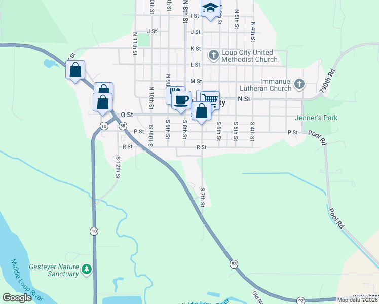 map of restaurants, bars, coffee shops, grocery stores, and more near 740-754 R Street in Loup City