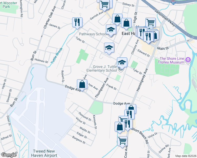 map of restaurants, bars, coffee shops, grocery stores, and more near 77 Frank Street in East Haven