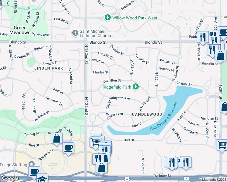 map of restaurants, bars, coffee shops, grocery stores, and more near 1331 North 131st Circle in Omaha