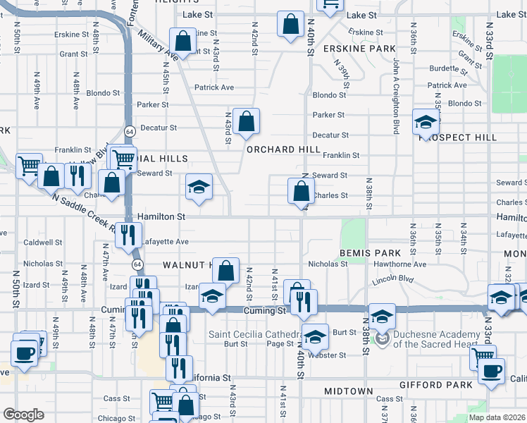 map of restaurants, bars, coffee shops, grocery stores, and more near in Omaha