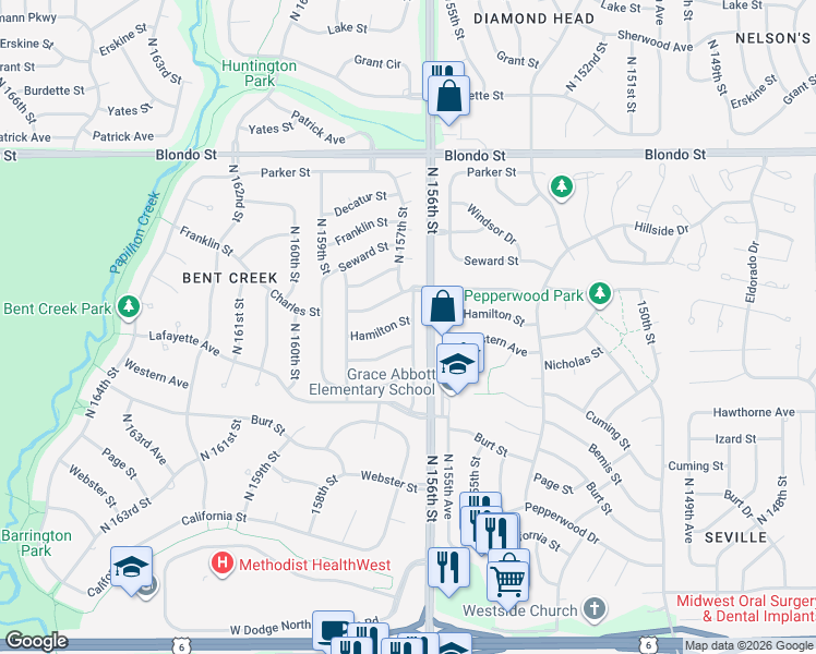 map of restaurants, bars, coffee shops, grocery stores, and more near 15657 Hamilton Street in Omaha